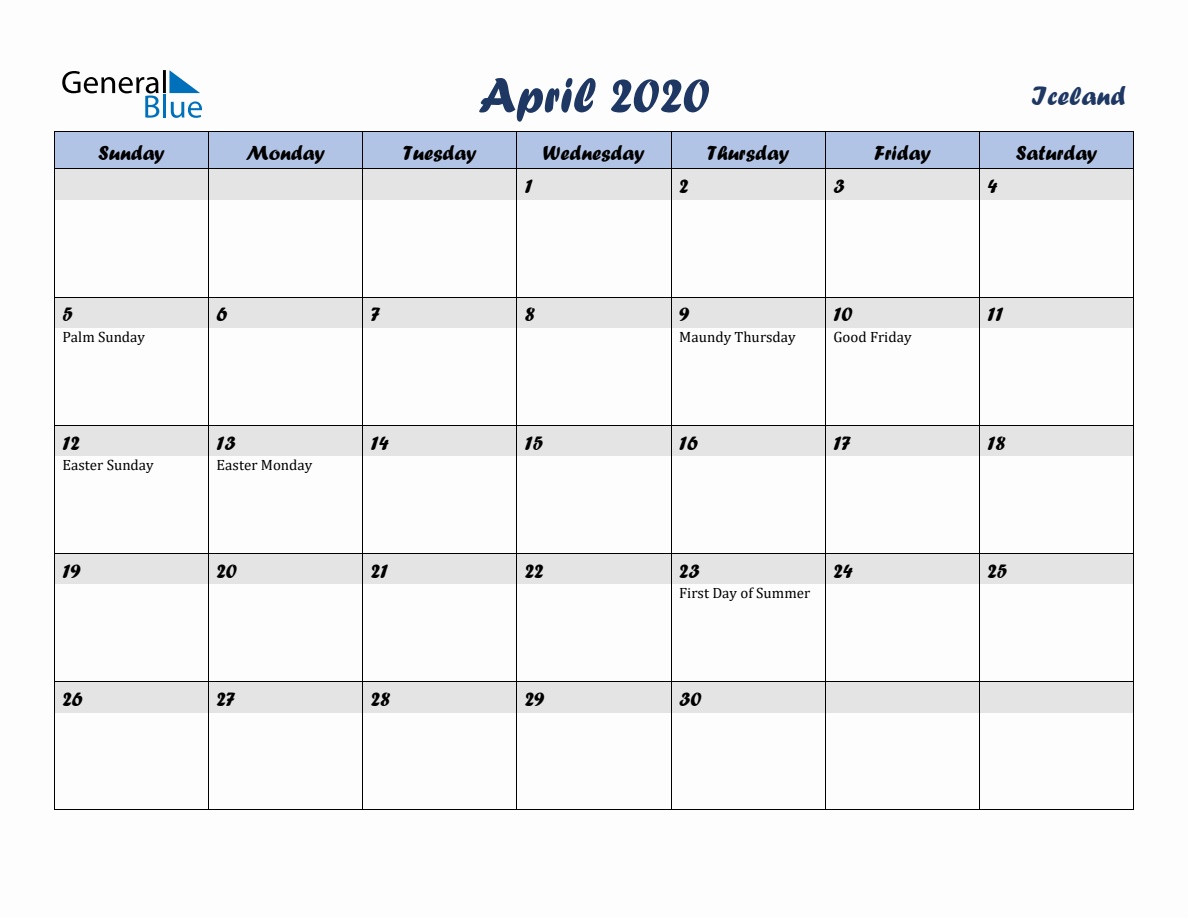 April 2020 Monthly Calendar Template with Holidays for Iceland
