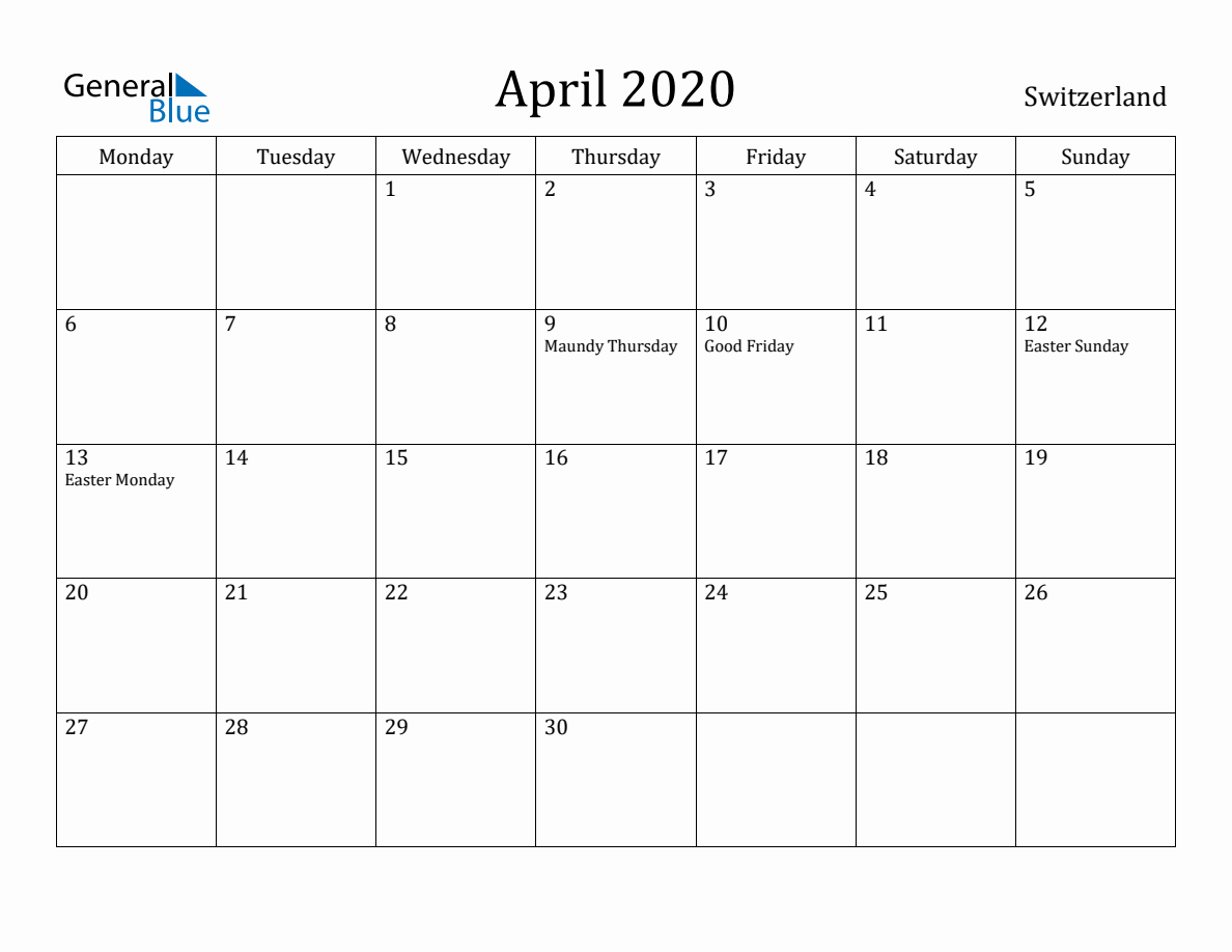 Switzerland Monthly Calendar - April 2020 (Monday Start)