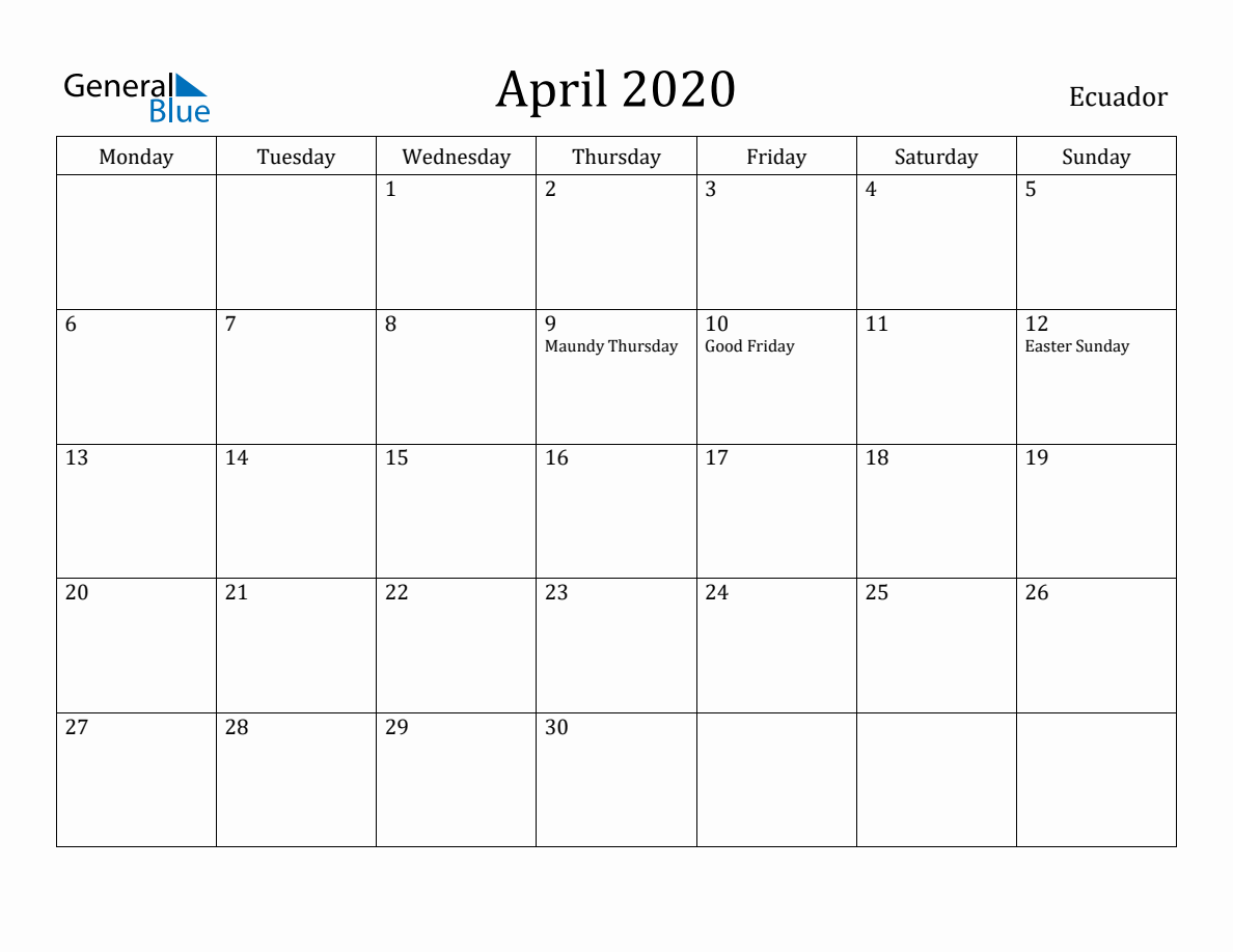 Ecuador Monthly Calendar - April 2020 (Monday Start)