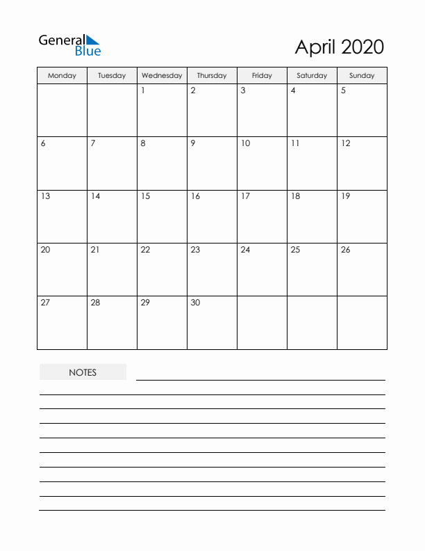 Printable Calendar with Notes - April 2020