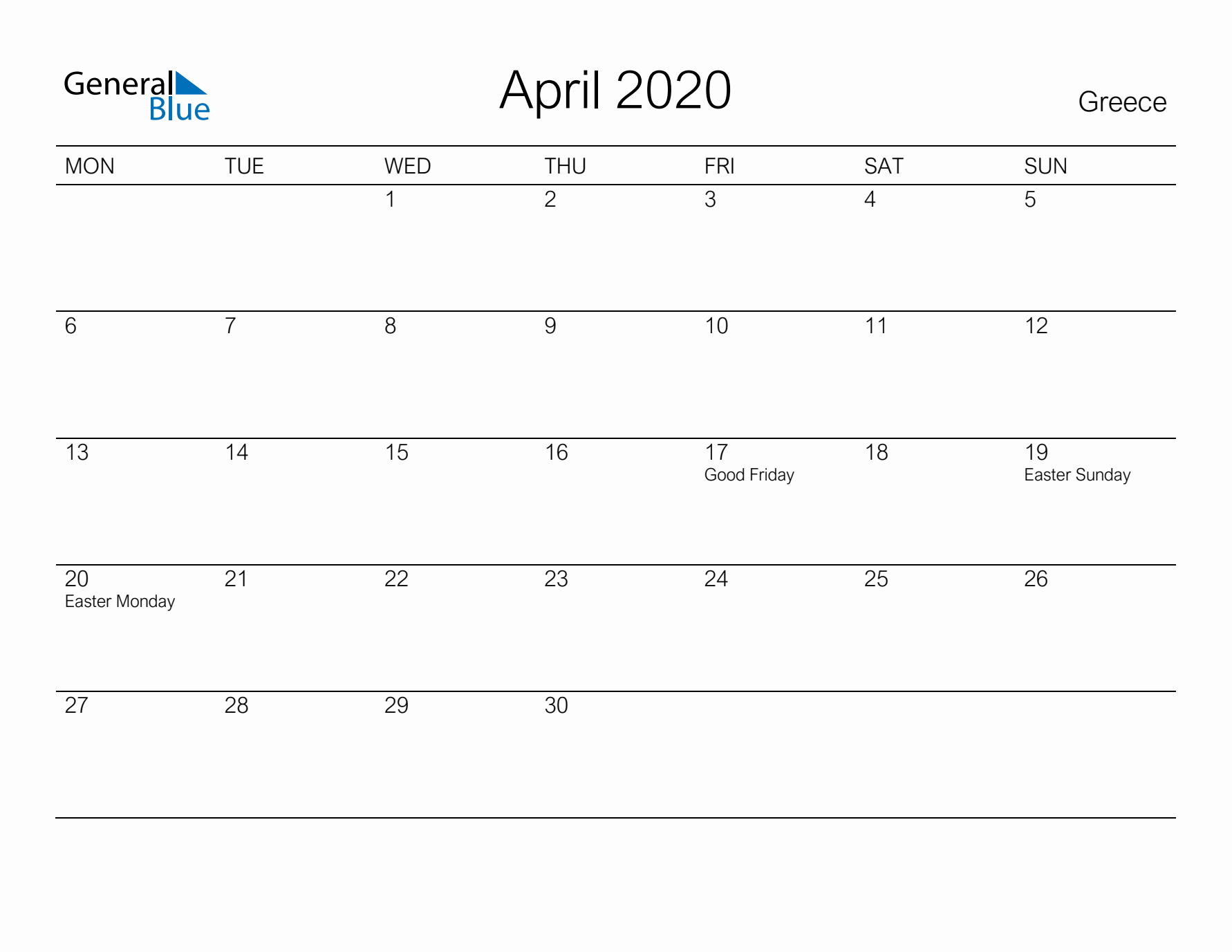 Printable April 2020 Calendar for Greece