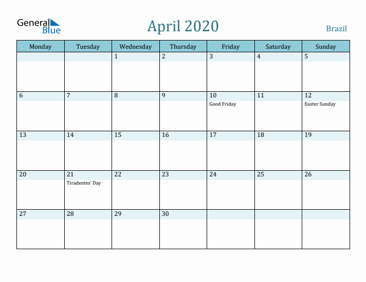 April 2020 Calendar with Holidays