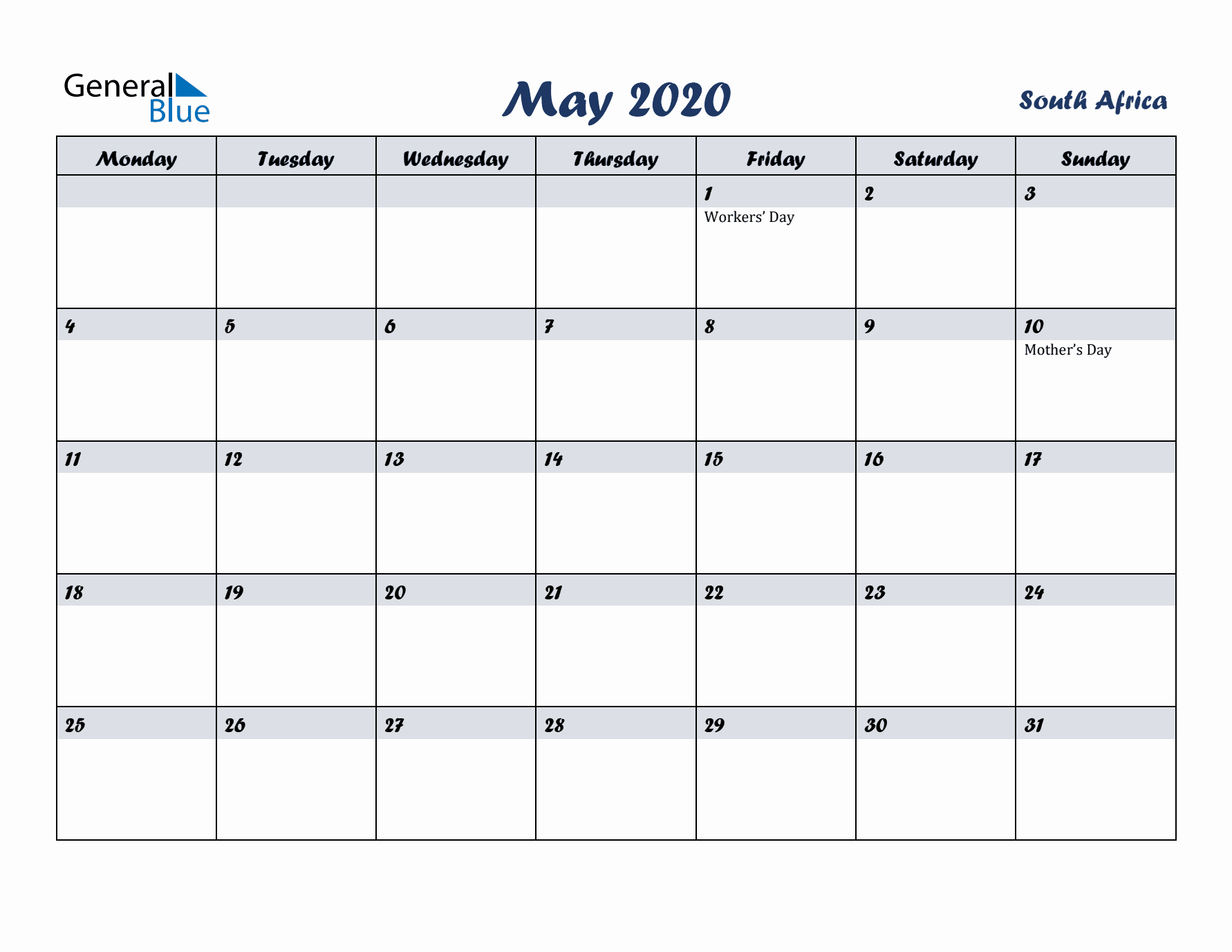 May 2020 Calendar with Holidays in South Africa