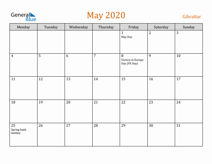 May 2020 Holiday Calendar with Monday Start