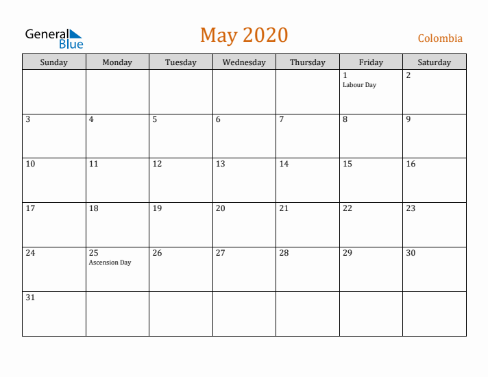 May 2020 Holiday Calendar with Sunday Start