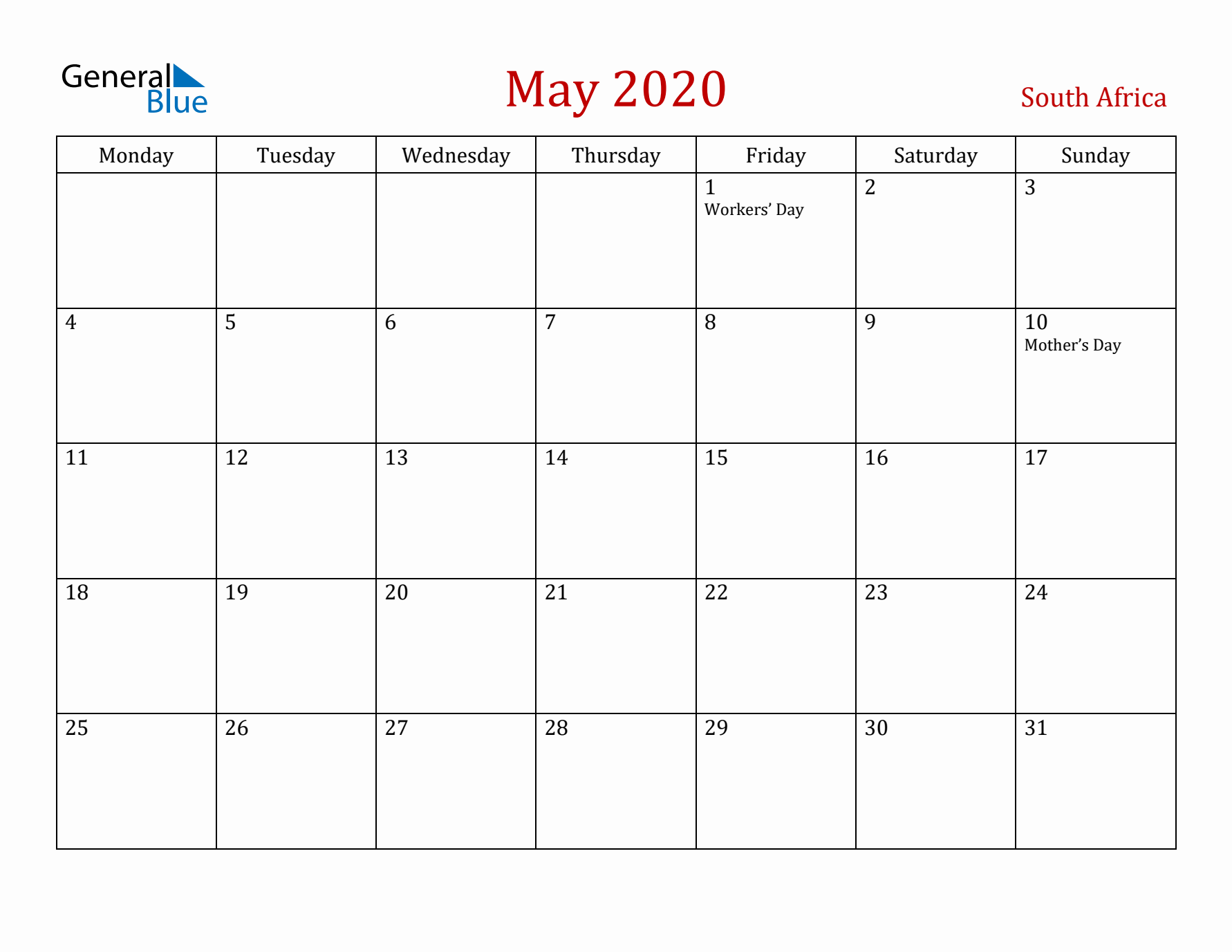 South Africa May 2020 Calendar - Monday Start