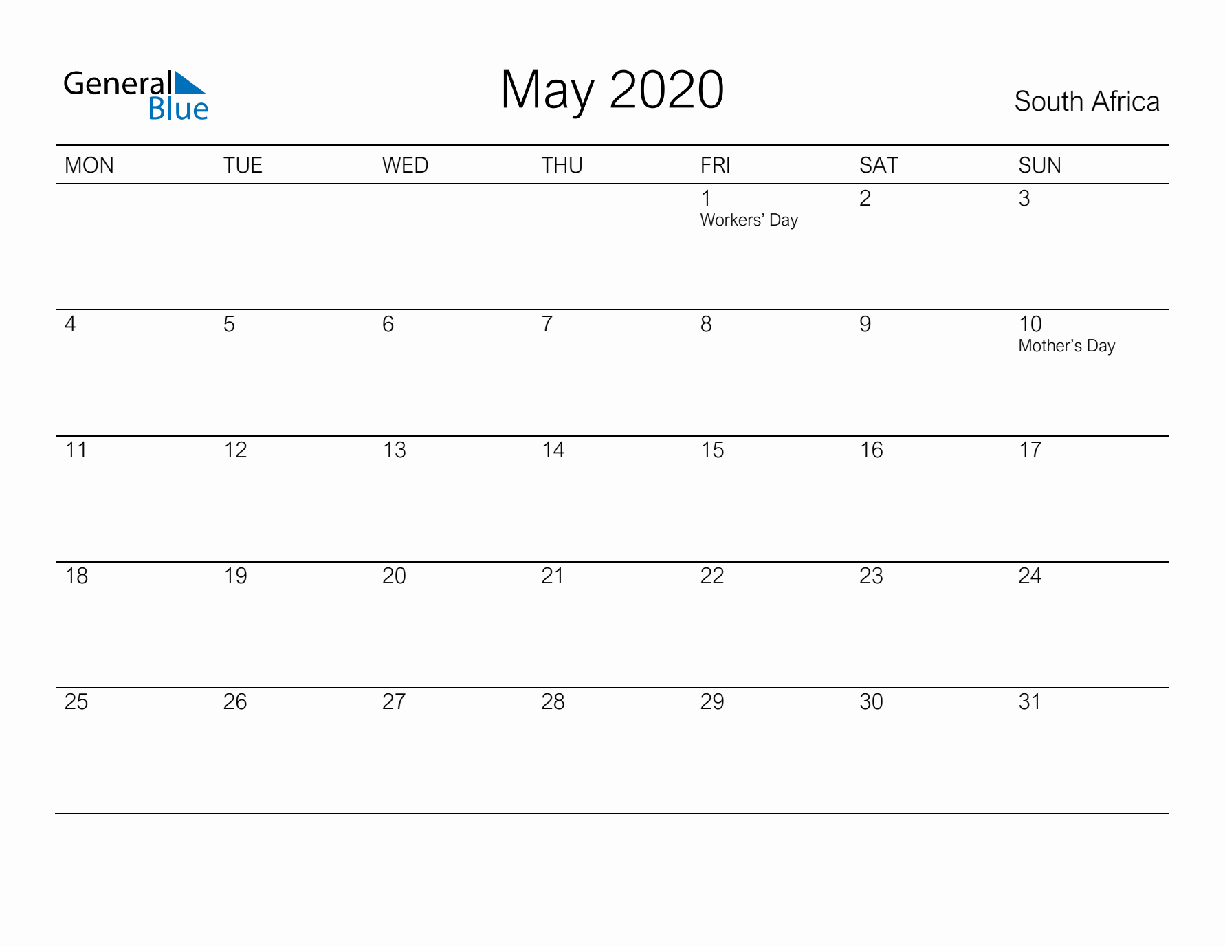 Printable May 2020 Calendar for South Africa