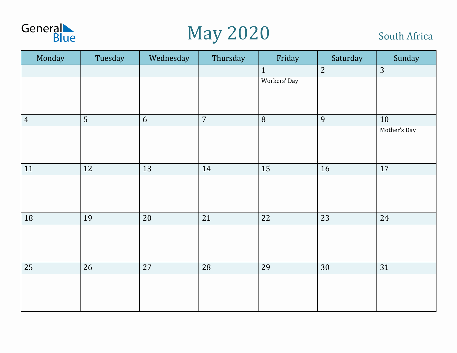 May 2020 Calendar with Holidays