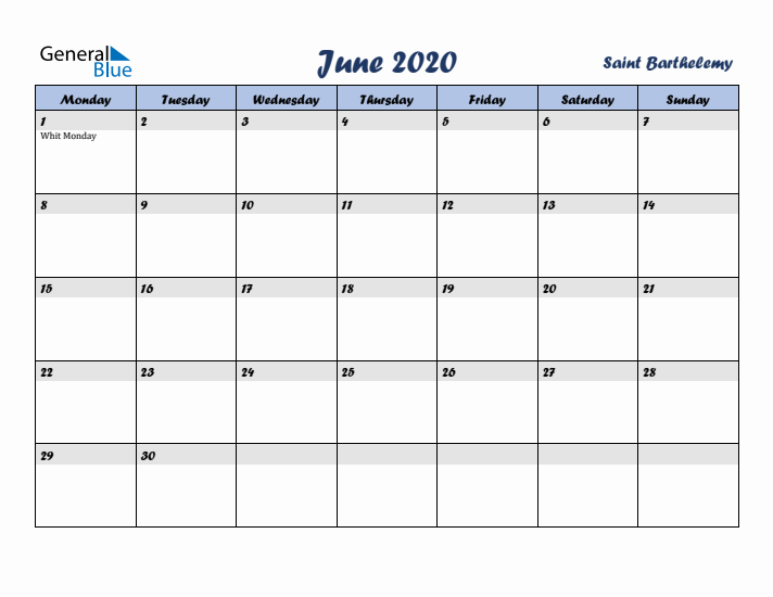 June 2020 Calendar with Holidays in Saint Barthelemy