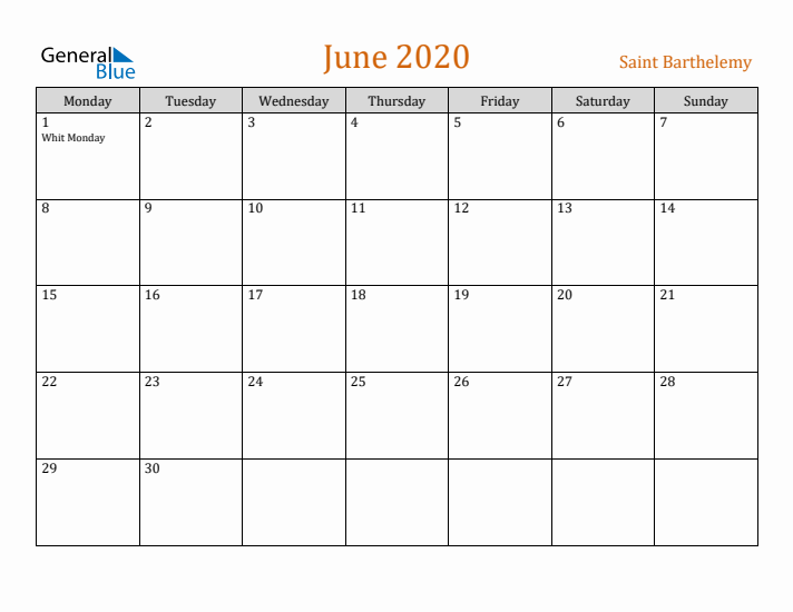 June 2020 Holiday Calendar with Monday Start