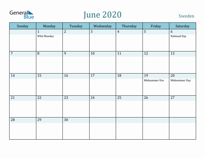 June 2020 Calendar with Holidays