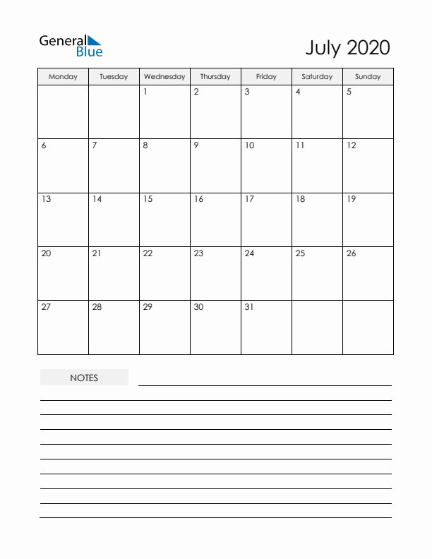Printable Calendar with Notes - July 2020