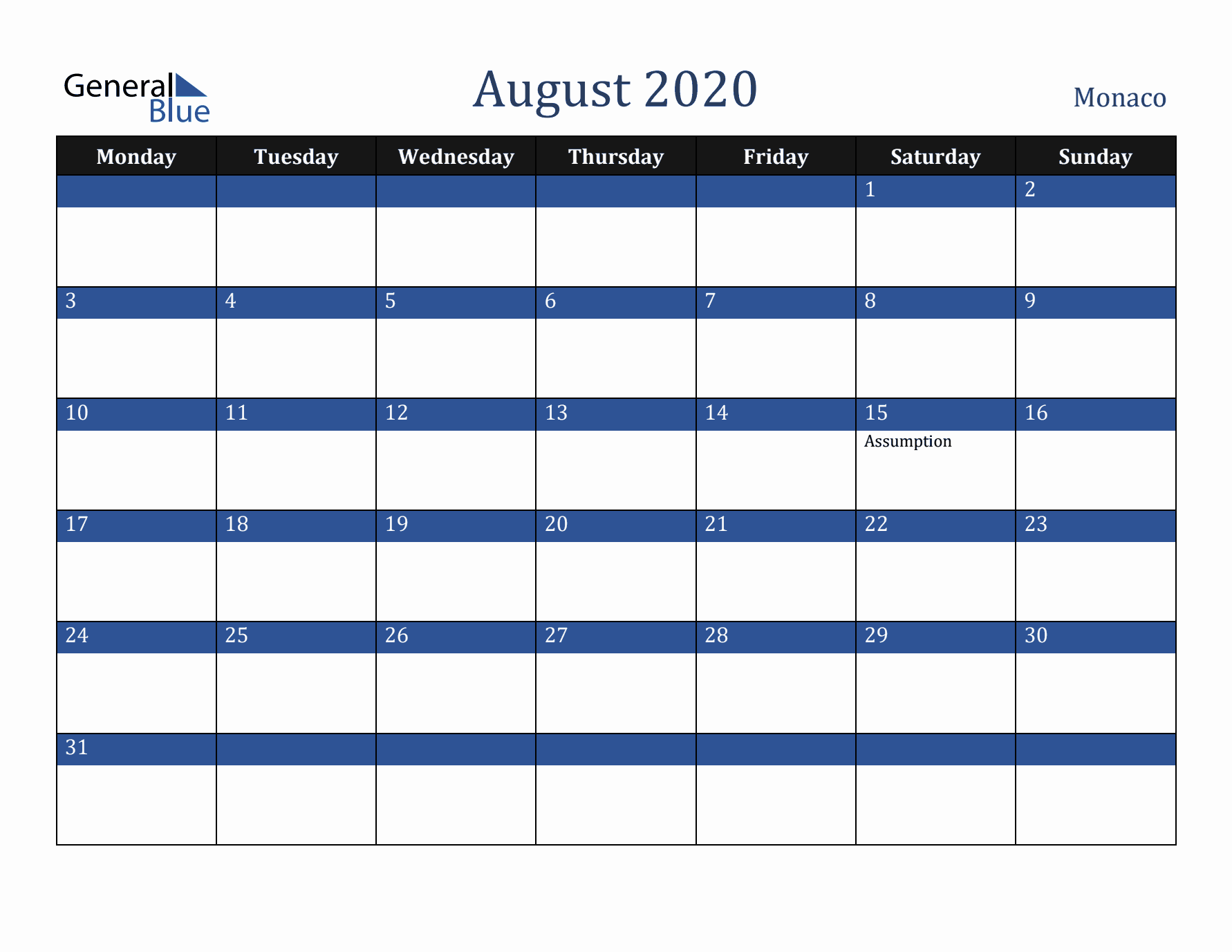 August 2020 Monaco Calendar (Monday Start)
