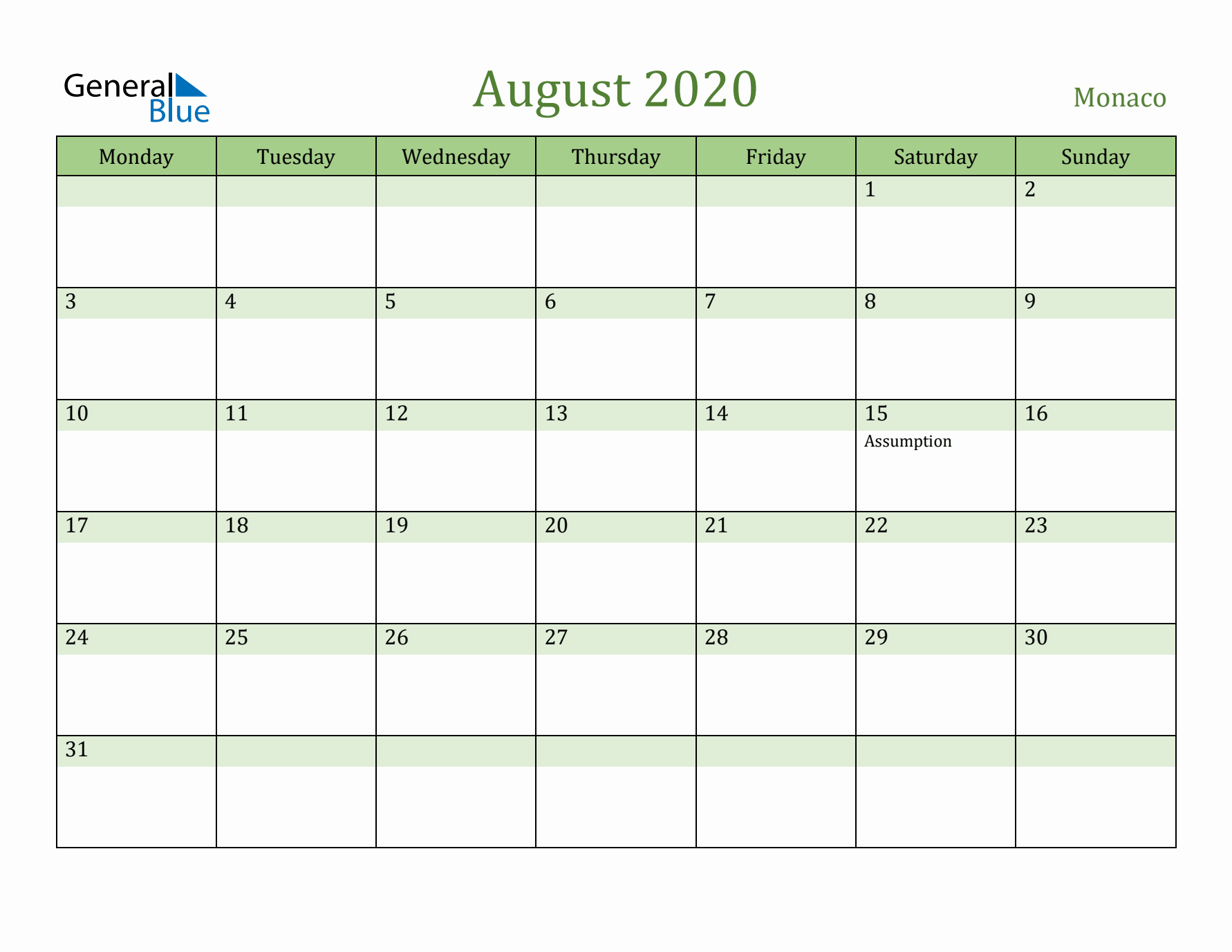 August 2020 Calendar with Monaco Holidays