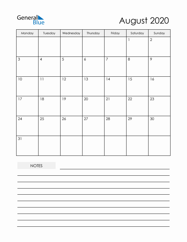 Printable Calendar with Notes - August 2020
