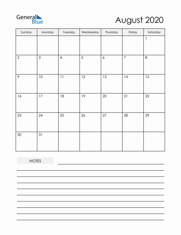 Printable Calendar with Notes - August 2020