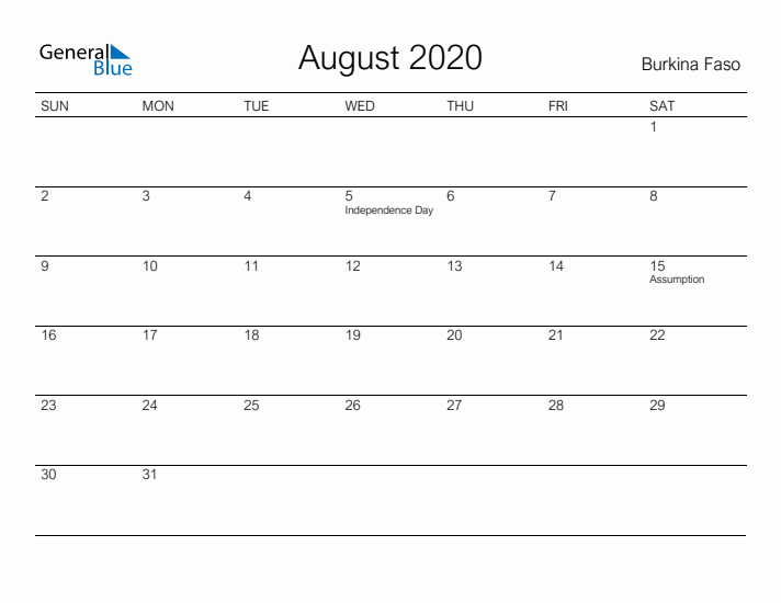 Printable August 2020 Calendar for Burkina Faso