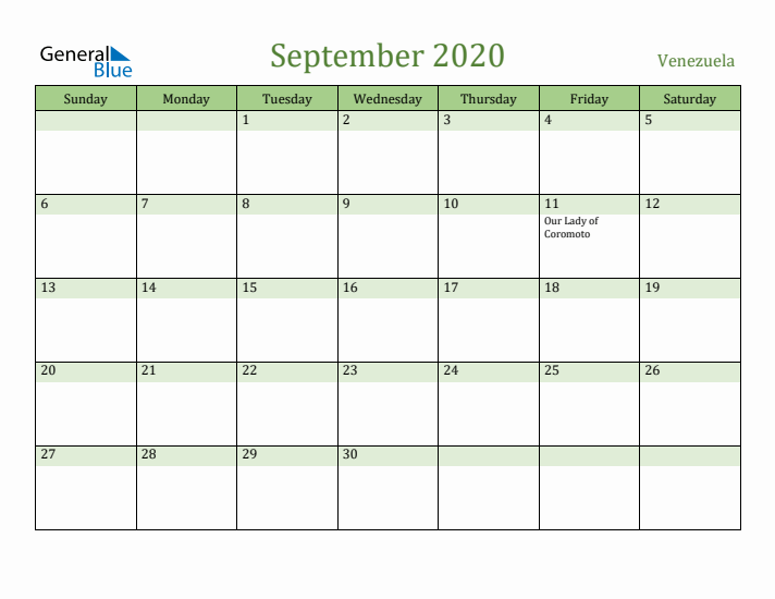 September 2020 Calendar with Venezuela Holidays