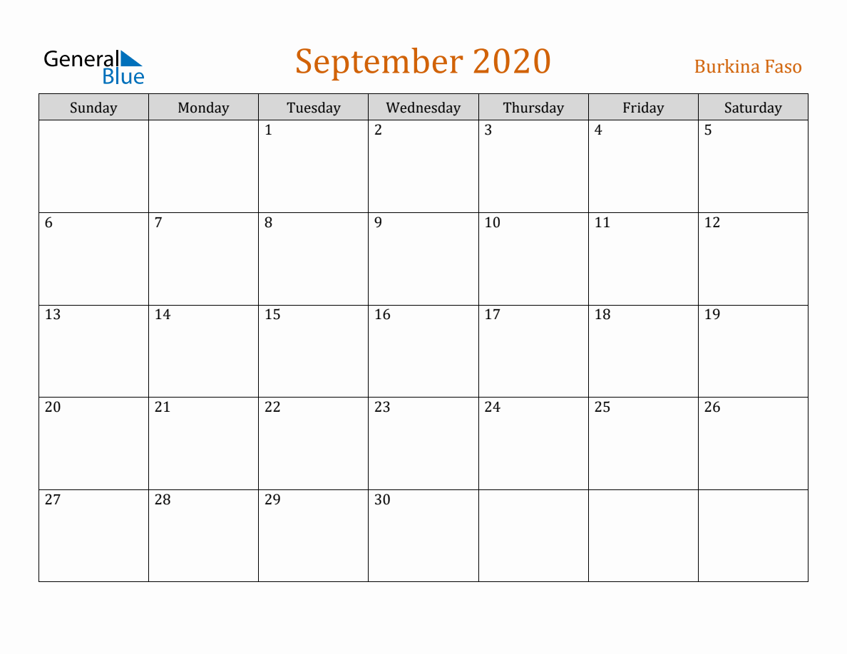 Free September 2020 Burkina Faso Calendar