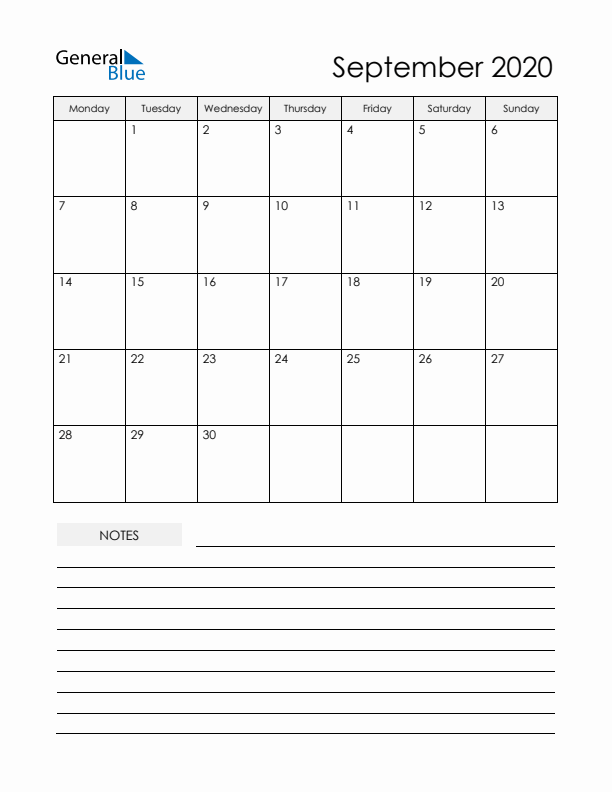 Printable Calendar with Notes - September 2020