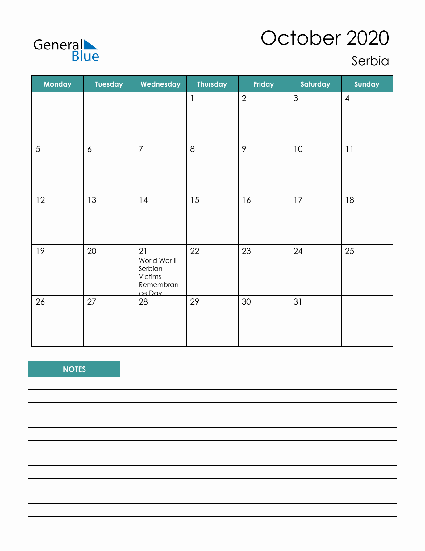 Calendar with Notes Printable - Monday Start