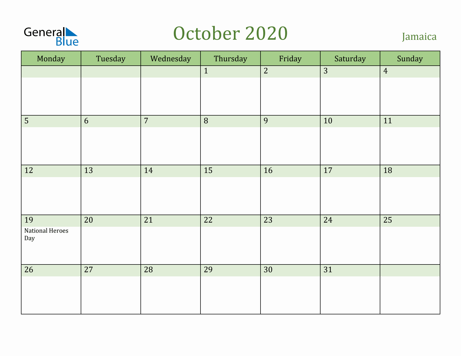 October 2020 Calendar with Jamaica Holidays