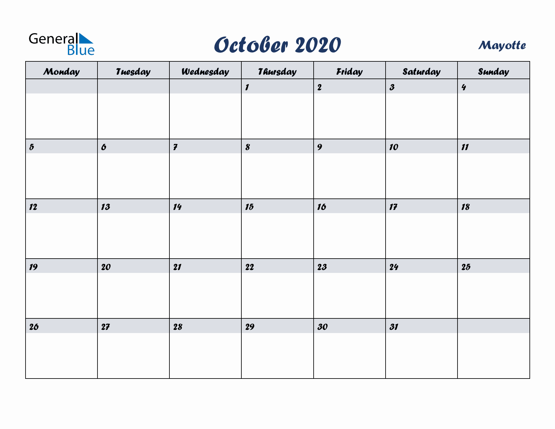 October 2020 Calendar with Holidays in Mayotte