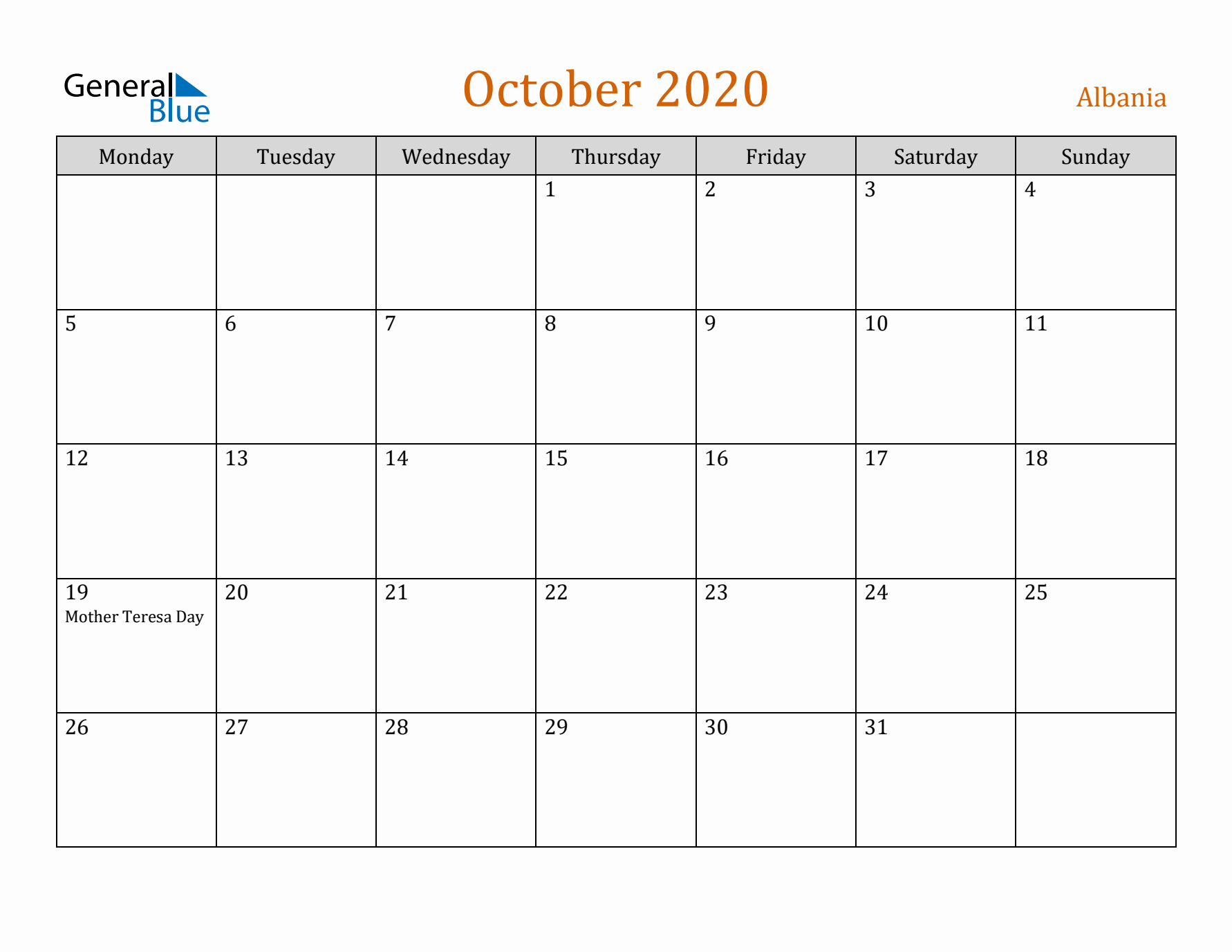 October 2020 Holiday Calendar with Monday Start