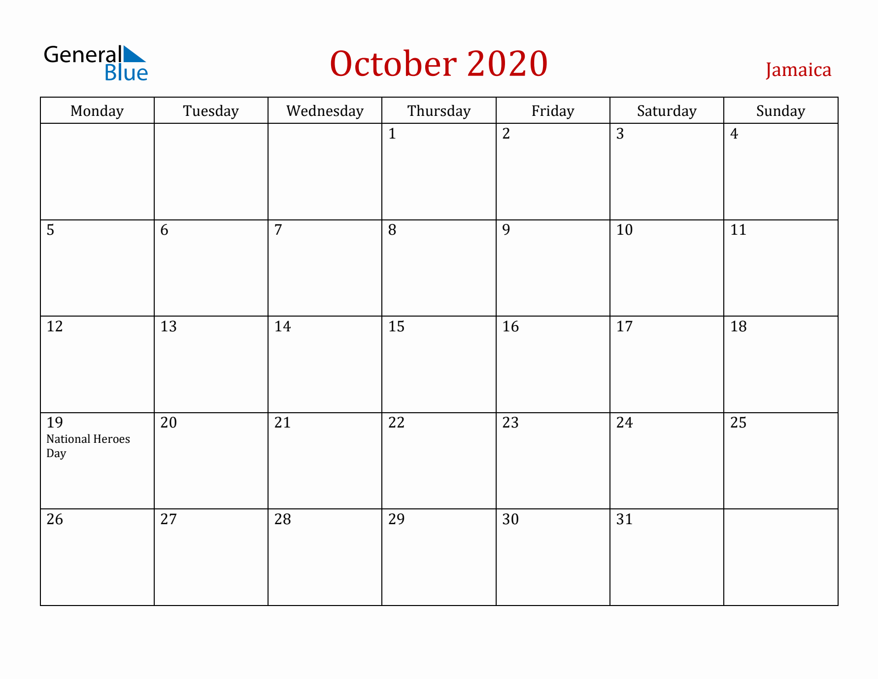 Jamaica October 2020 Calendar - Monday Start