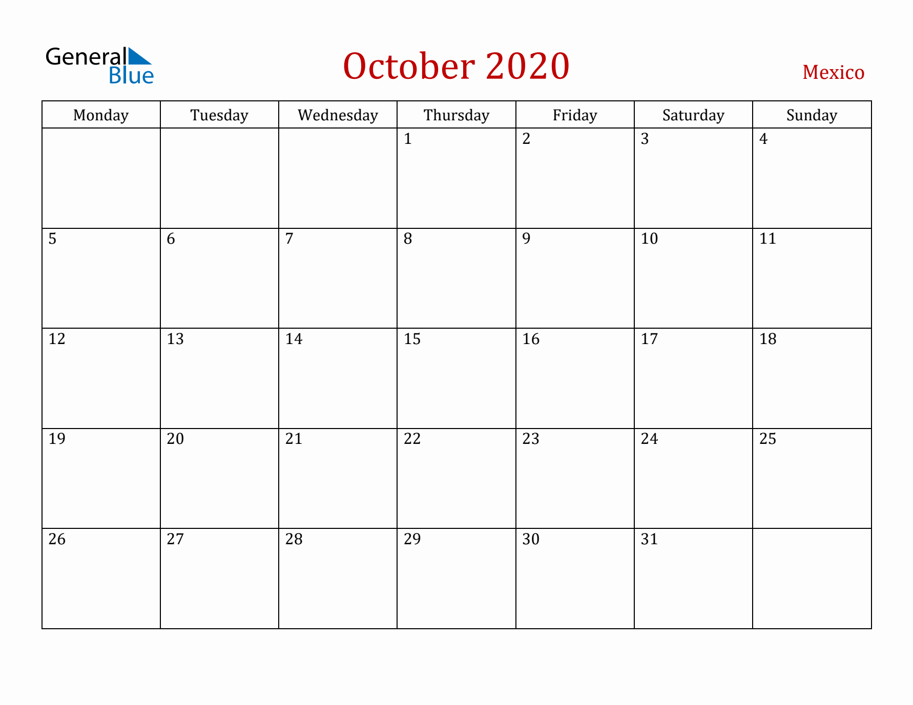 Mexico October 2020 Calendar - Monday Start