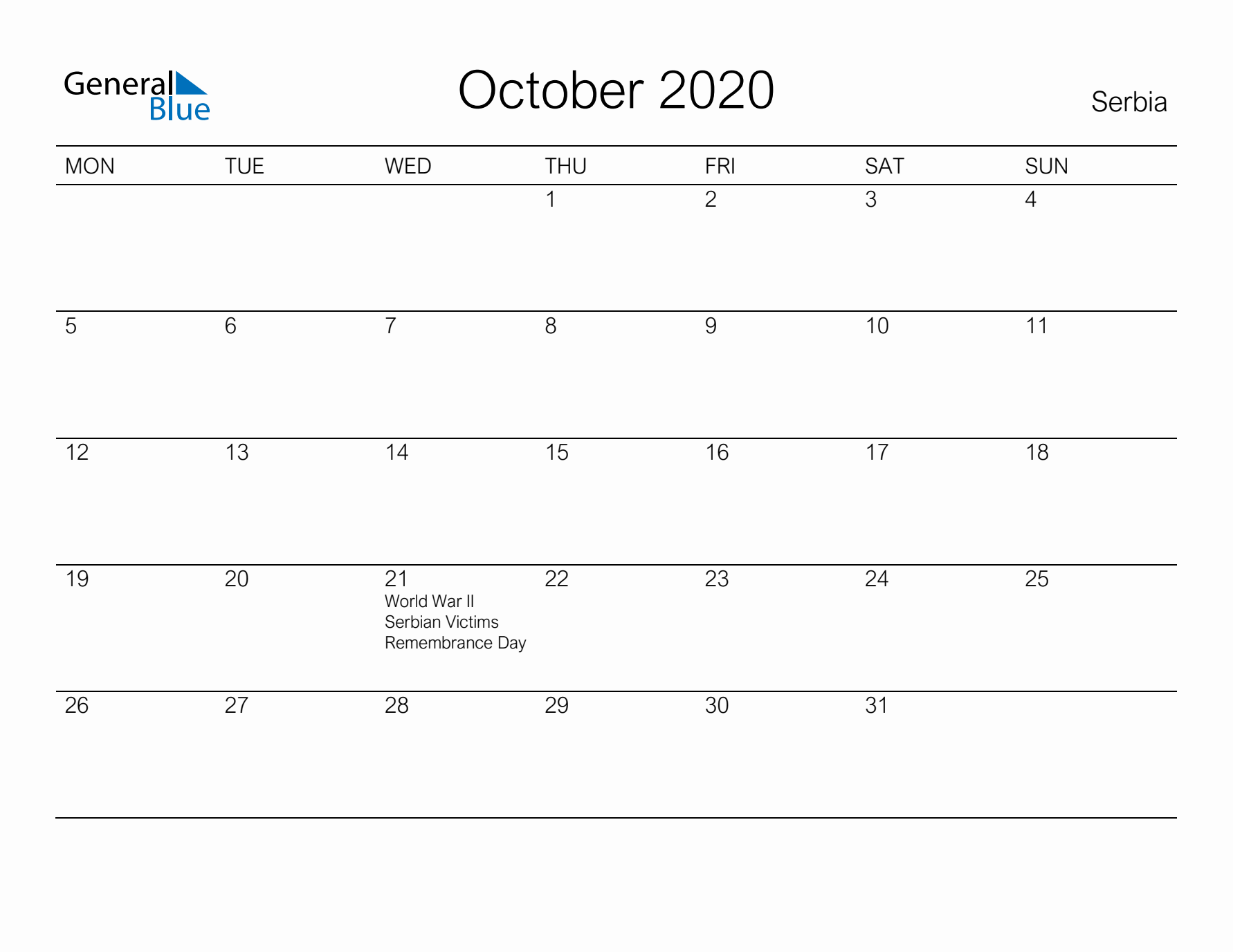 Printable October 2020 Calendar for Serbia