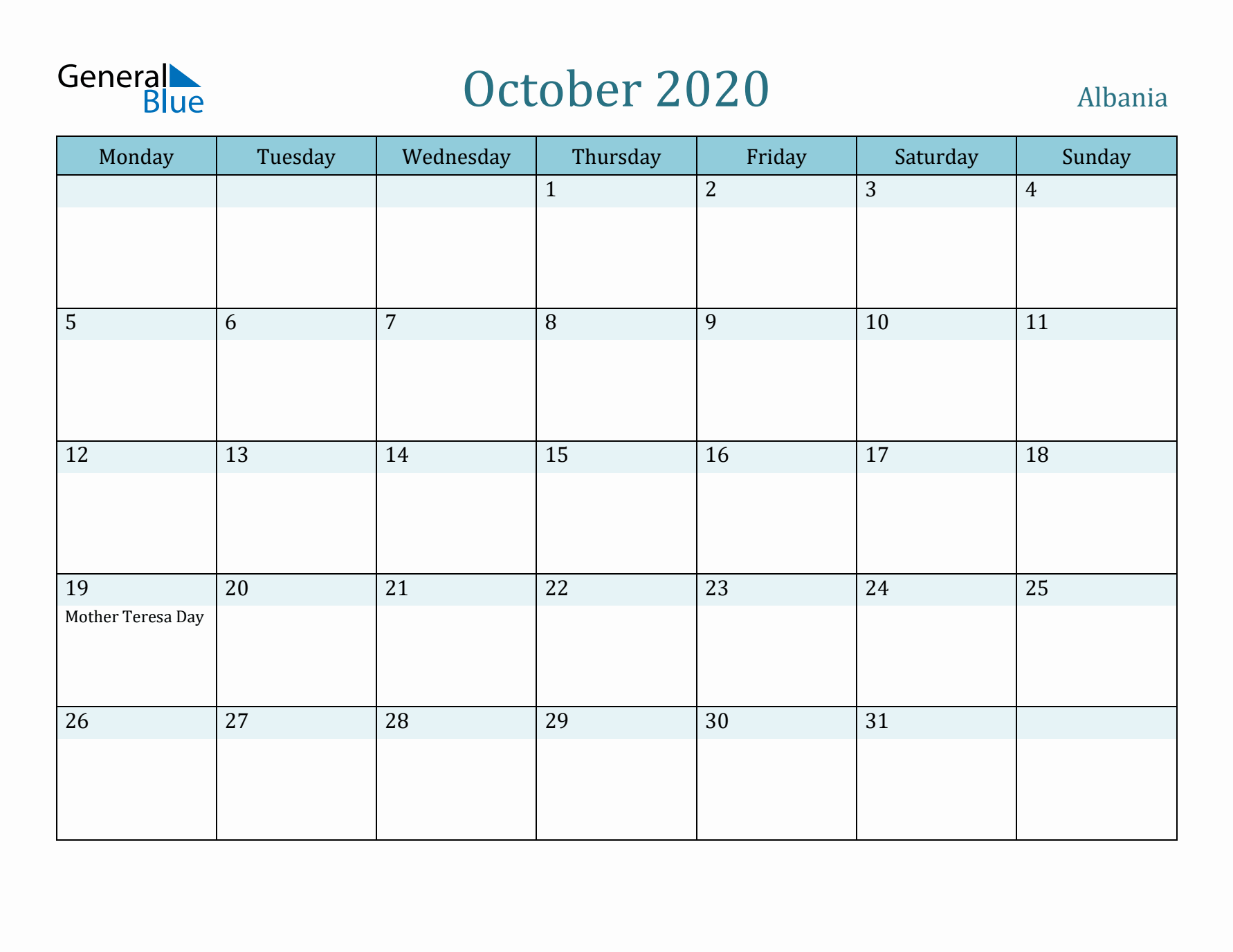 October 2020 Calendar with Holidays