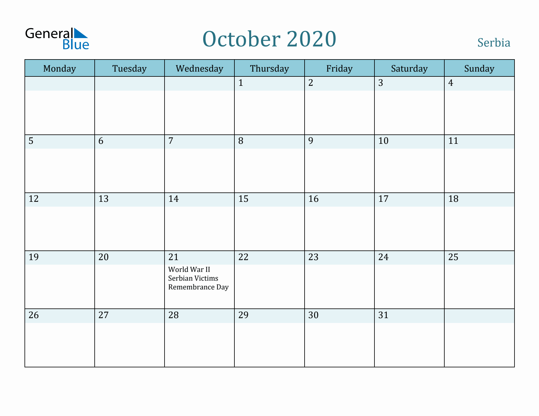 October 2020 Calendar with Holidays