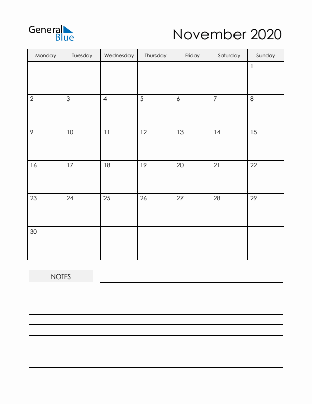 Printable Calendar with Notes - November 2020