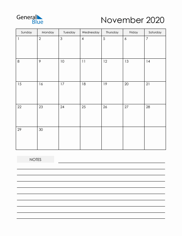 Printable Calendar with Notes - November 2020