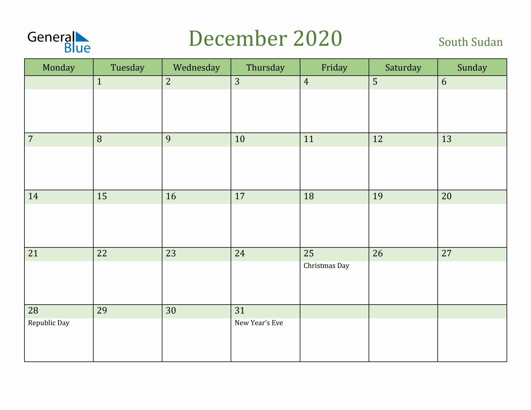 December 2020 Calendar with South Sudan Holidays