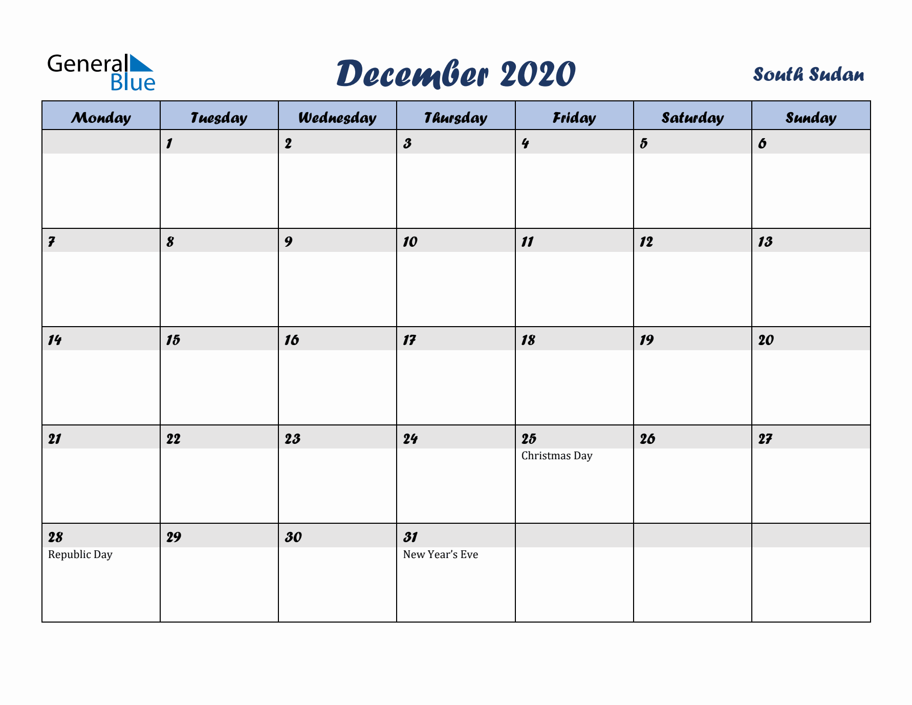 December 2020 Calendar with Holidays in South Sudan