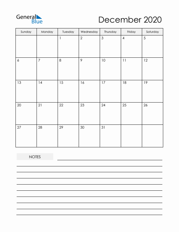 Printable Calendar with Notes - December 2020
