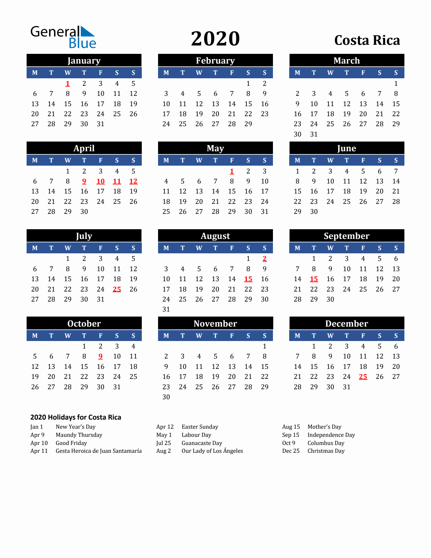 2020 Costa Rica Holiday Calendar
