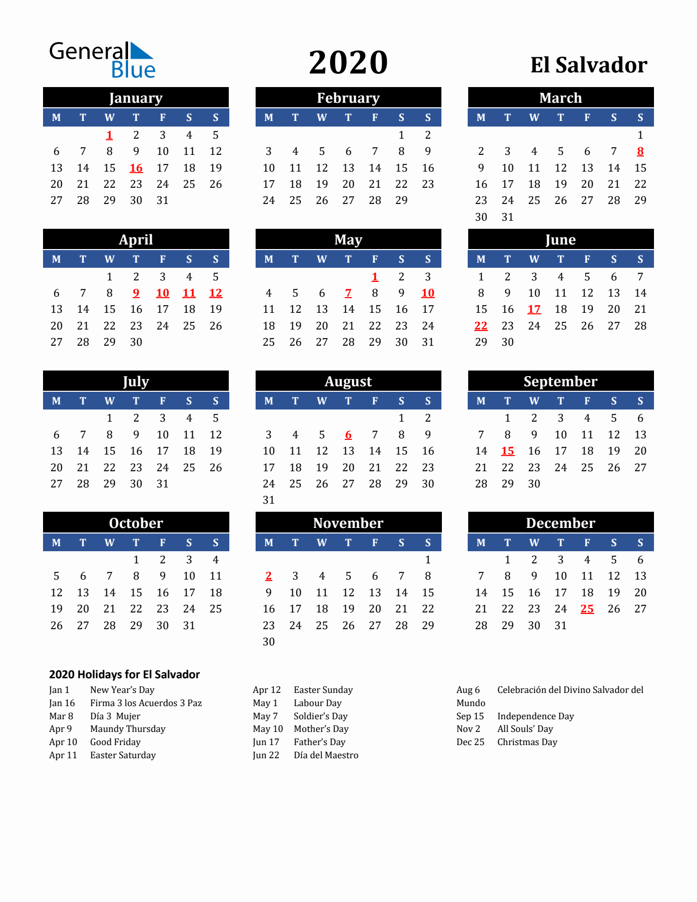 2020 El Salvador Holiday Calendar