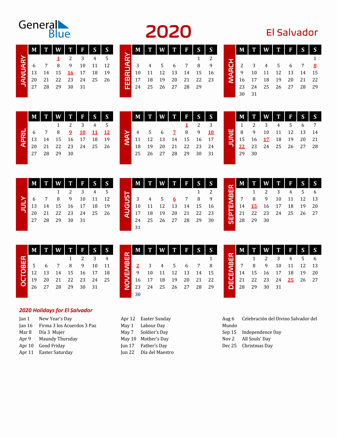 Download El Salvador 2020 Calendar - Monday Start