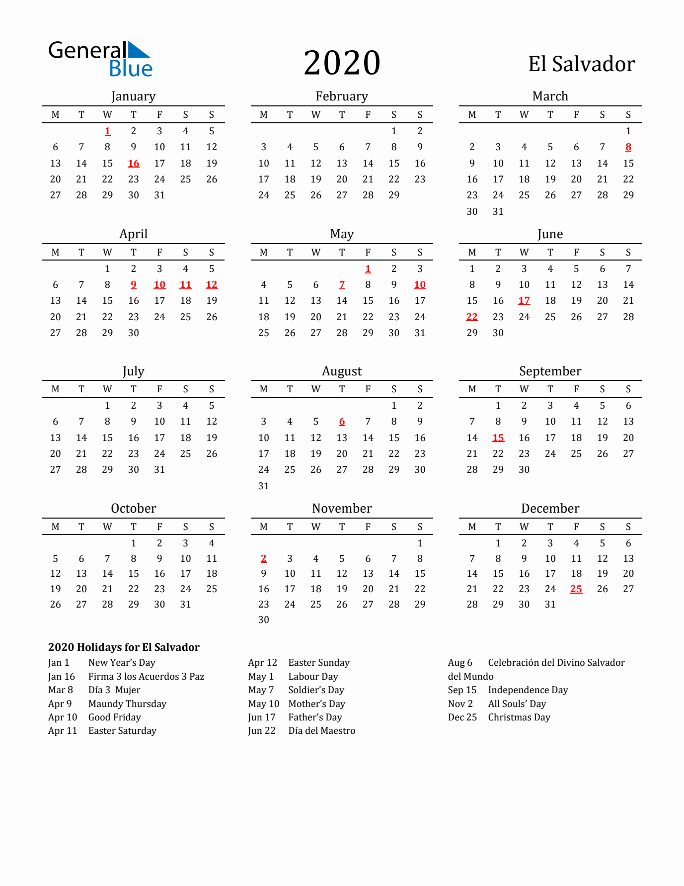 El Salvador Holidays Calendar for 2020