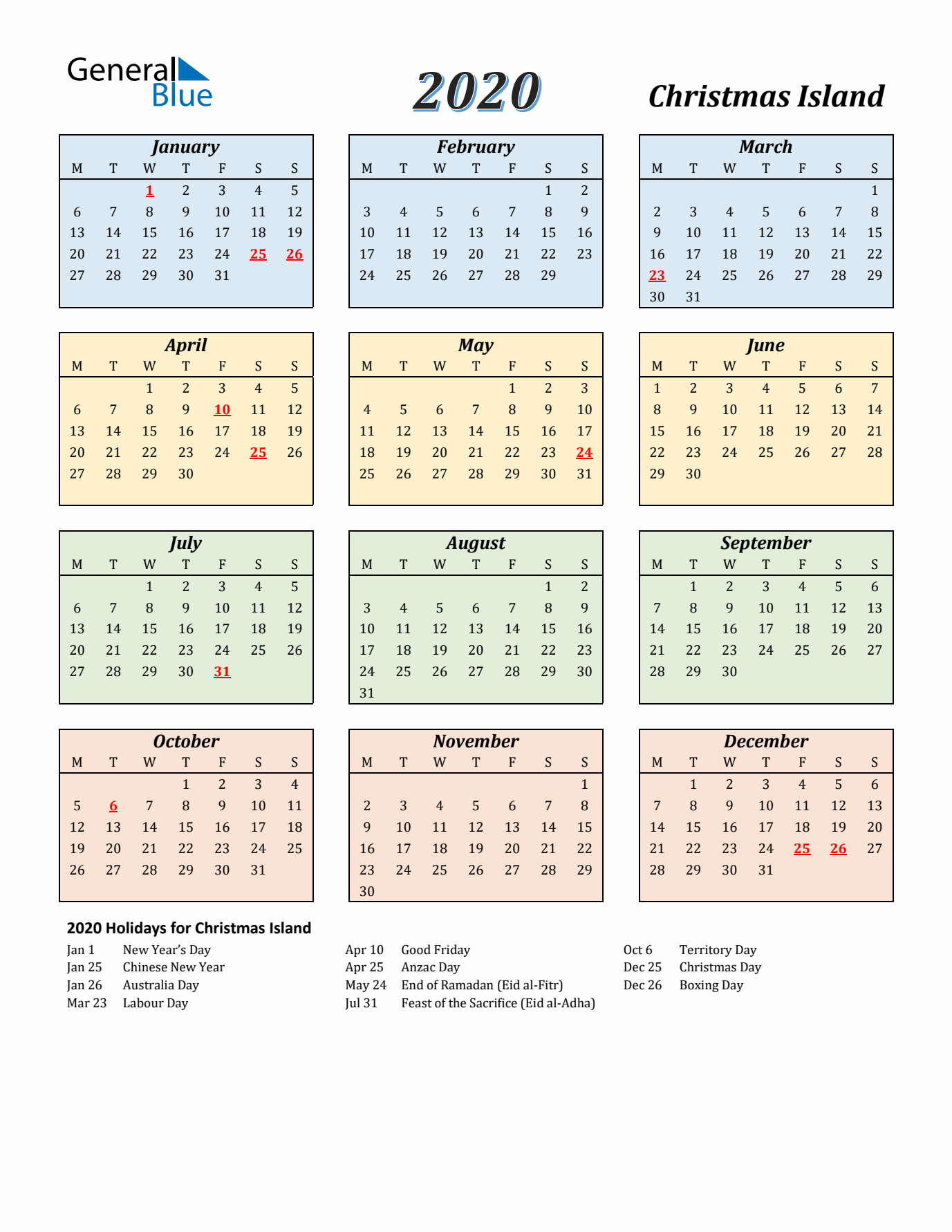 Christmas Island Calendar 2020 with Monday Start