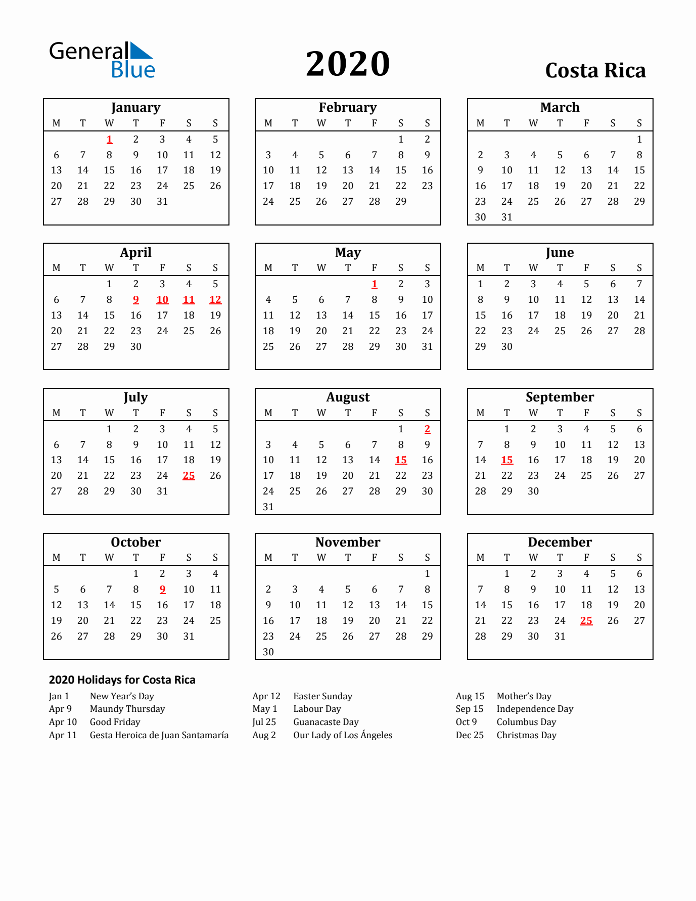 2020 Costa Rica Holiday Calendar - Monday Start