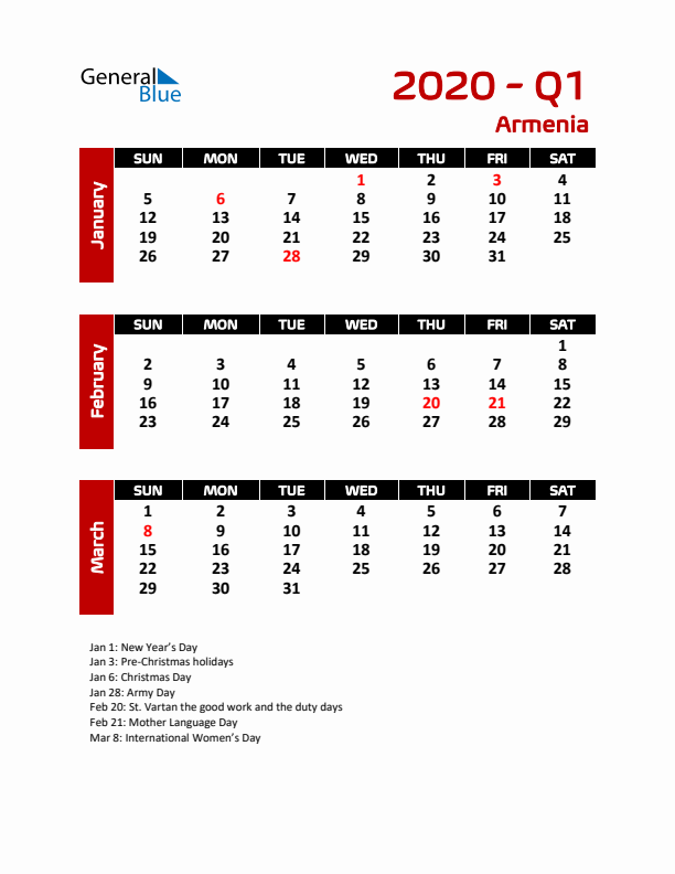 Q1 2020 Calendar with Holidays in Armenia