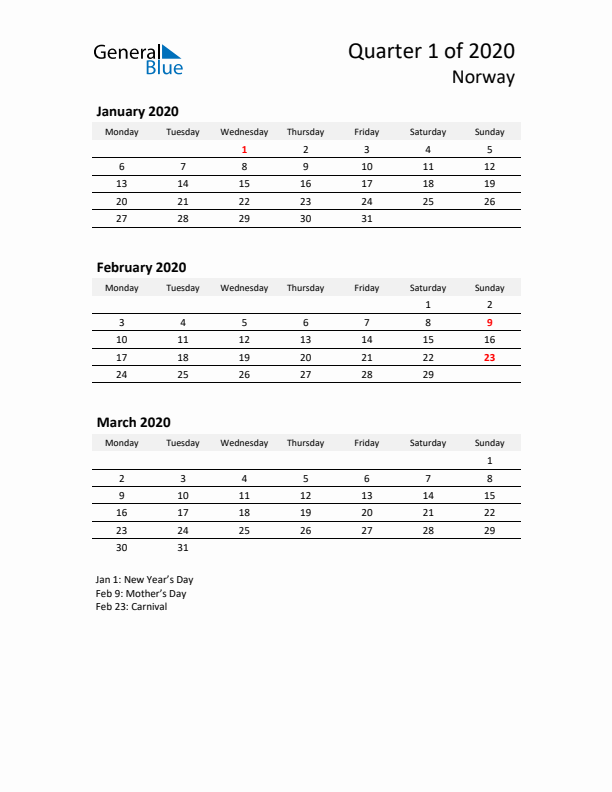 2020 Q1 Three-Month Calendar for Norway