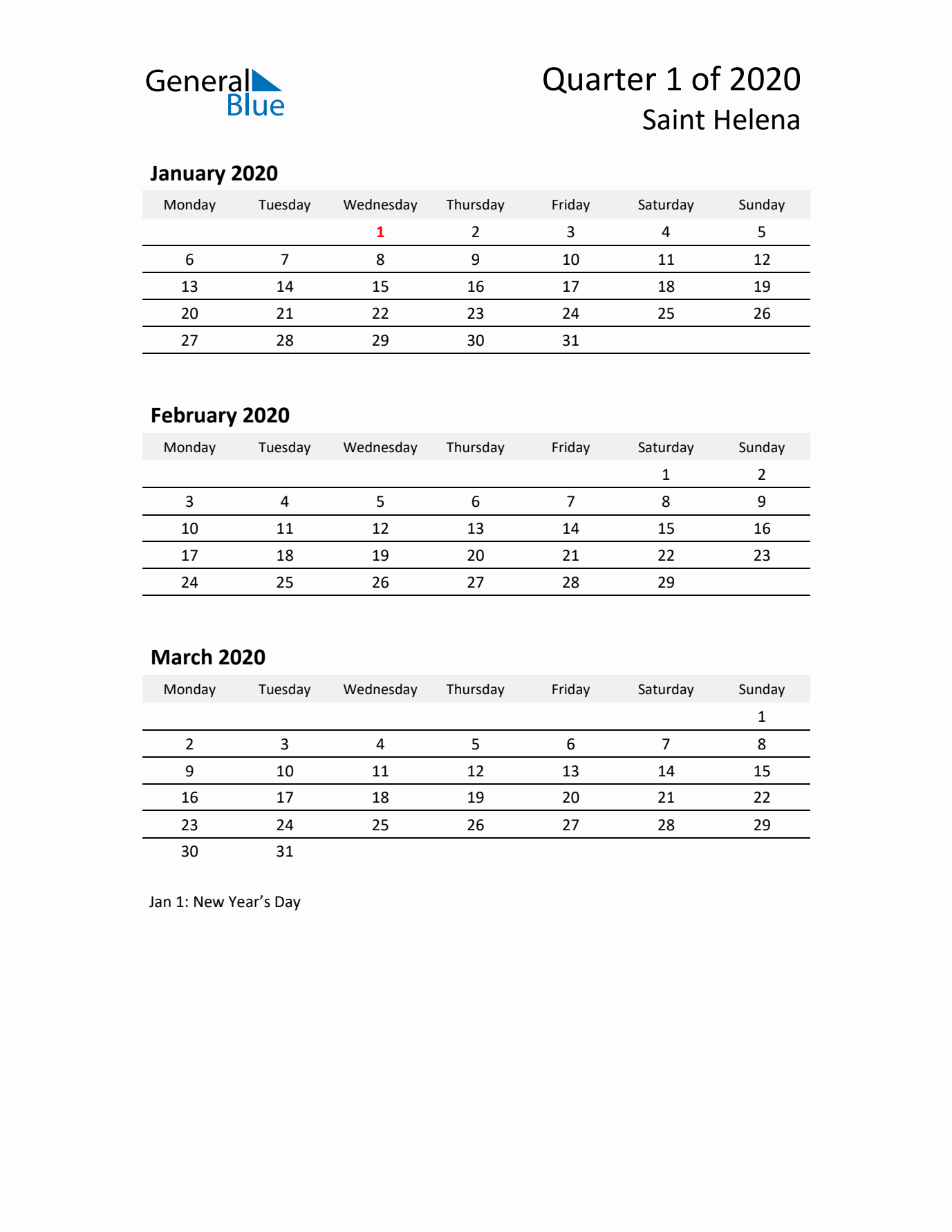 2020 Q1 Three-Month Calendar for Saint Helena