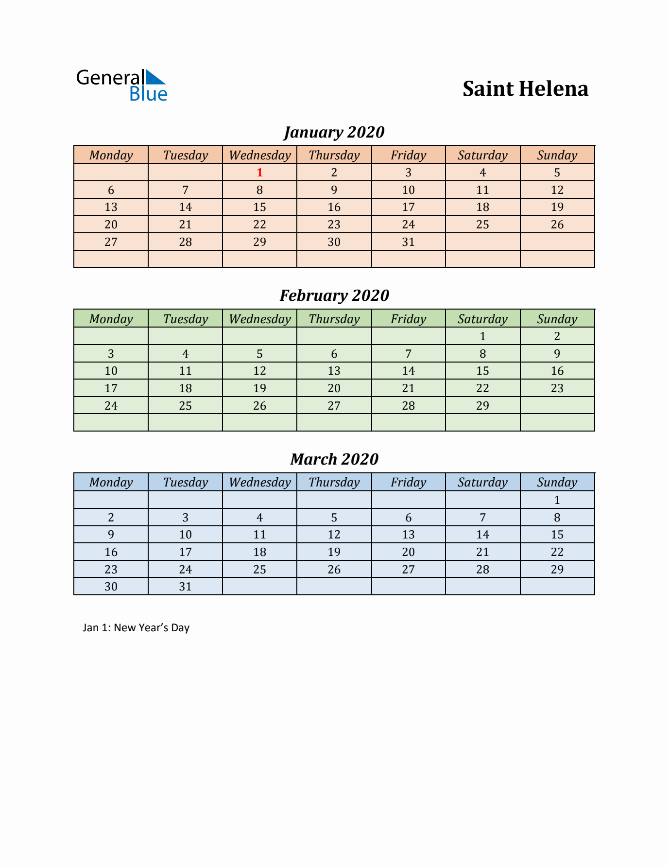 Q1 2020 Holiday Calendar - Saint Helena