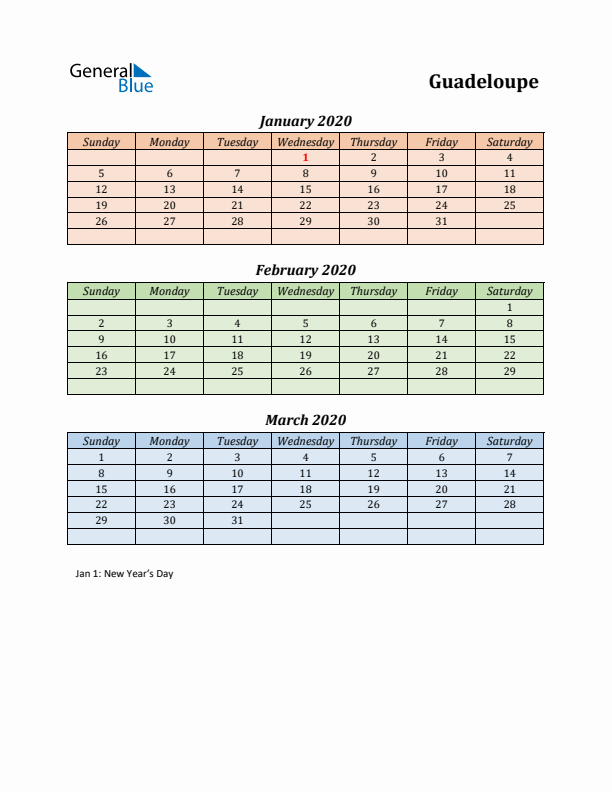 Q1 2020 Holiday Calendar - Guadeloupe