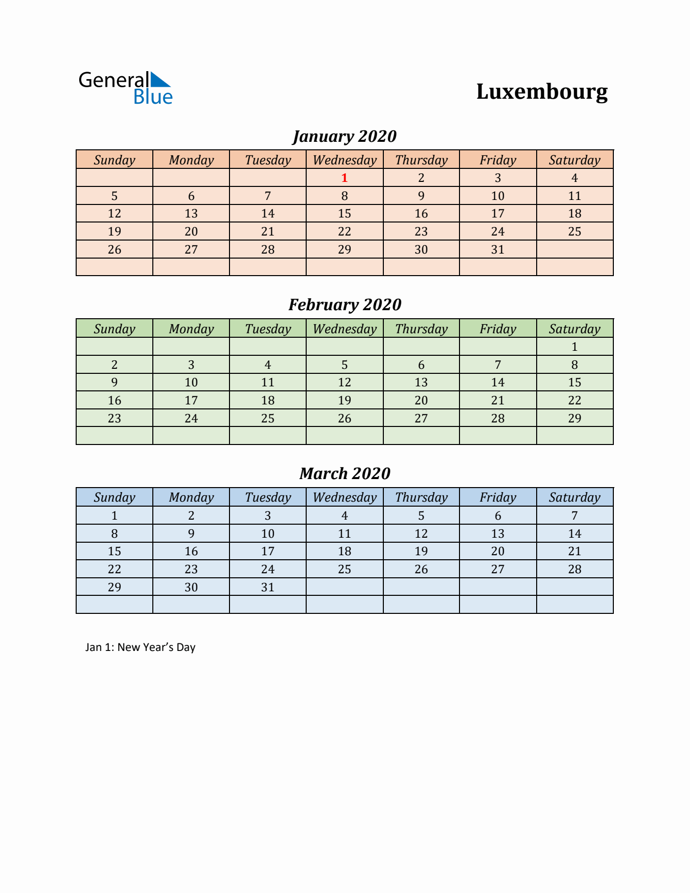 Q1 2020 Holiday Calendar - Luxembourg